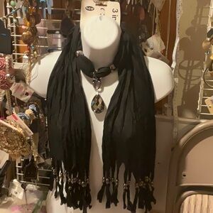 Black Scarf Necklace with Large Pendant beaded fringe NEW